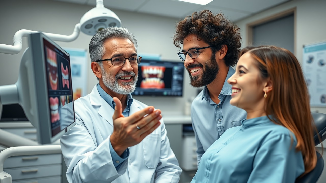 Modern orthodontist in Pawleys Island reviewing digital dental images with patient in a high-tech office, pawleys island orthodontist directory