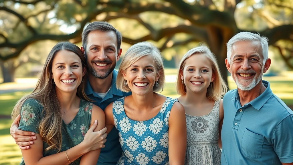 Happy family with bright smiles and relaxed expressions standing outdoors in Pawleys Island, confidence in dental care, pawleys island orthodontist directory