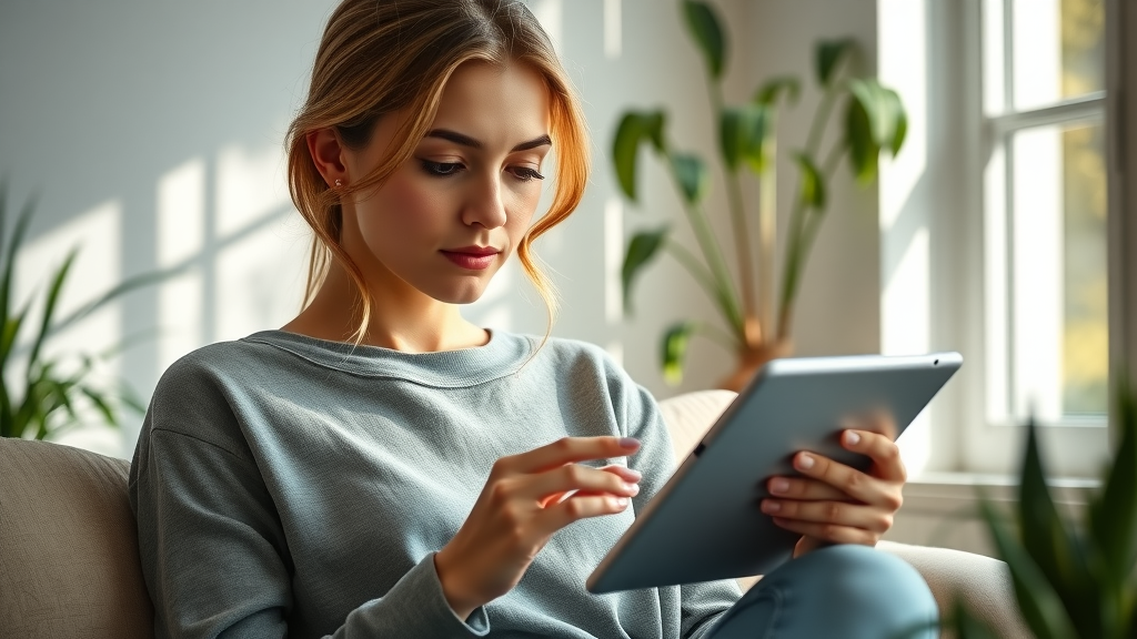 Thoughtful woman reading online dental reviews on a tablet, cozy home setting with natural lighting, Georgetown, SC.