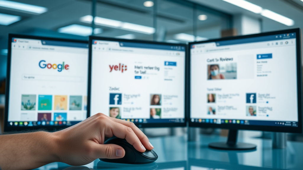 Computer desktop with Google, Yelp, Zocdoc review platforms open, Georgetown dental review research.