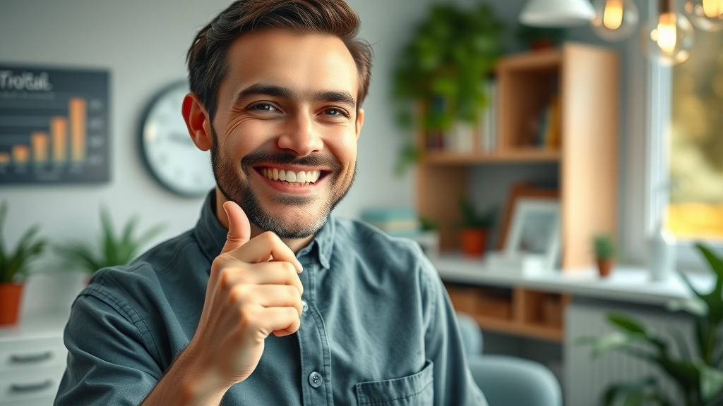 Smiling dental patient pointing to four-star online review on smartphone, dreamy Georgetown dental office.