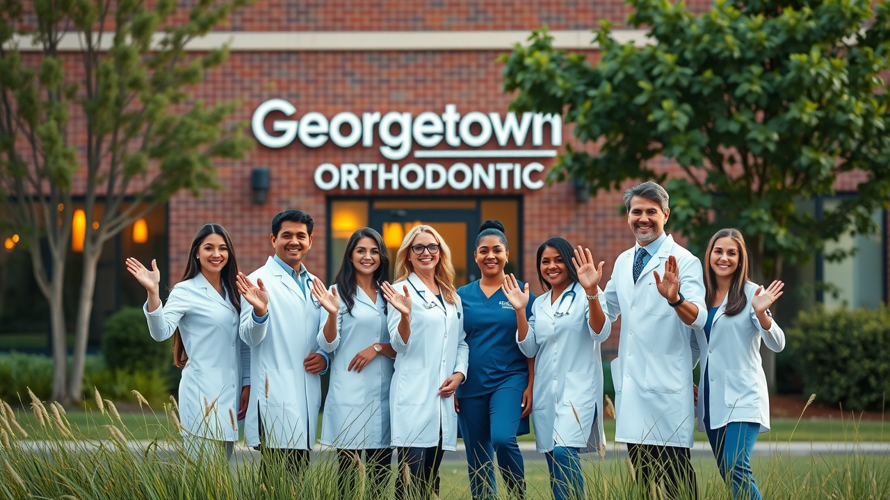 Friendly group of dentists standing in front of Georgetown orthodontic office, welcoming, modern clinic background, golden hour lighting.