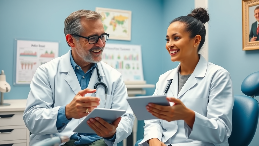 Smiling dental provider and patient consulting together in private room, Georgetown, SC.
