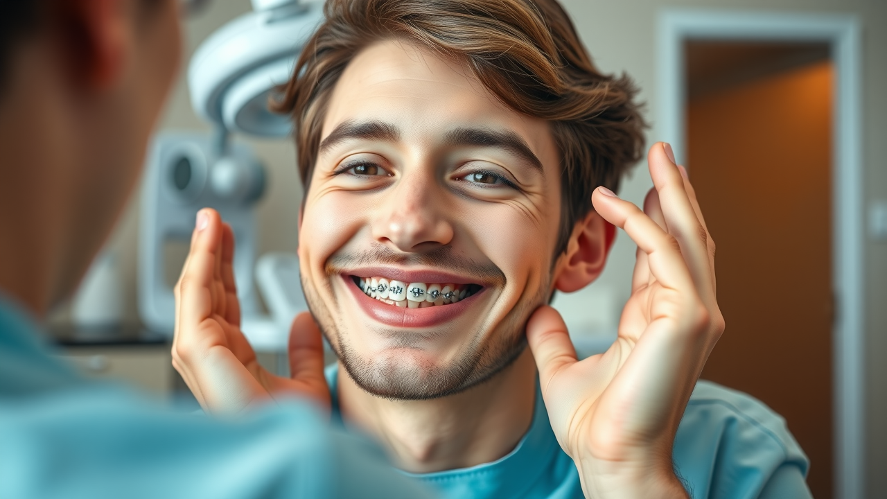 Confident patient admiring new braces in mirror after recent orthodontic care, Georgetown County.