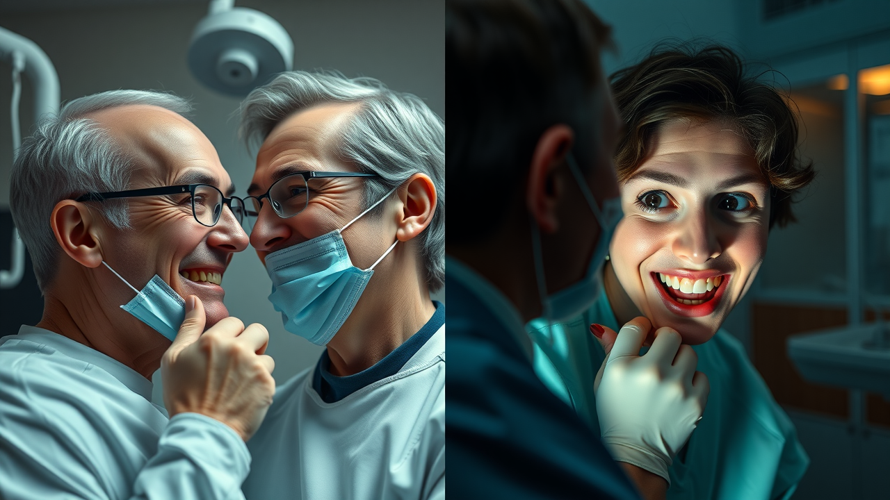 Side-by-side comparison of caring and indifferent orthodontist interactions, contrasting modern and outdated Georgetown offices.