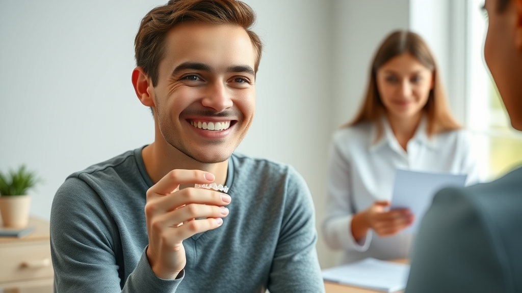 Patient holding Invisalign aligners with insurance advisor in a professional office, insurance paperwork on desk, dental insurance plan discussion