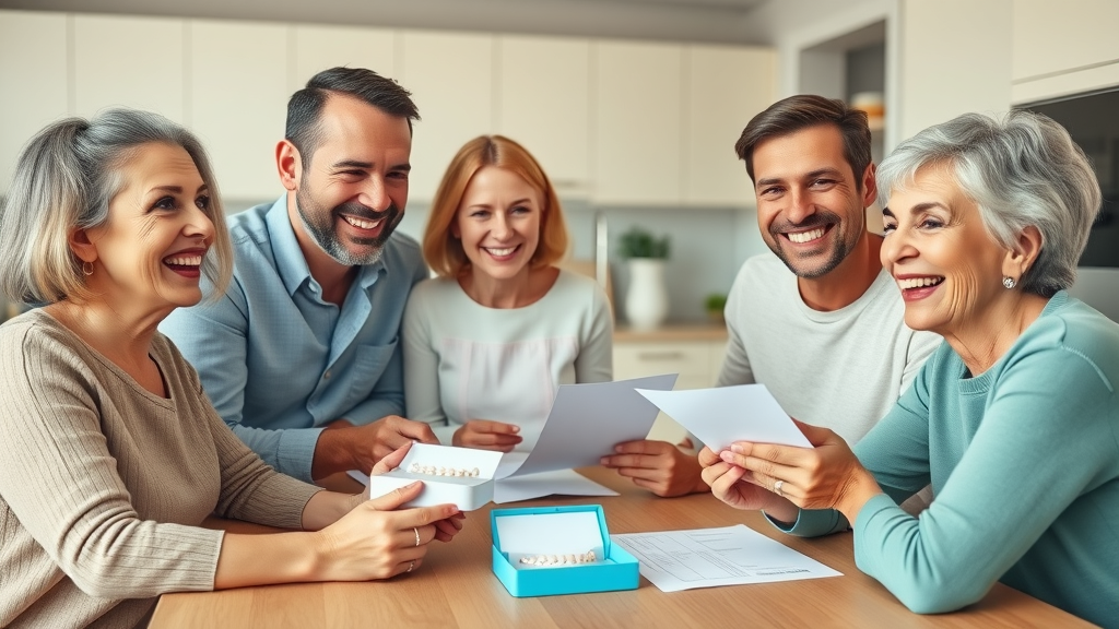 Intergenerational family in Grand Strand kitchen, smiling and reviewing dental insurance paperwork, Invisalign trays visible, showing inclusivity and insurance coverage benefits