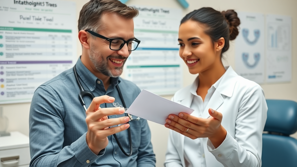 Orthodontist demonstrating clear aligners to a patient and discussing dental insurance coverage for Invisalign in a consultation room, with visual charts on insurance plans
