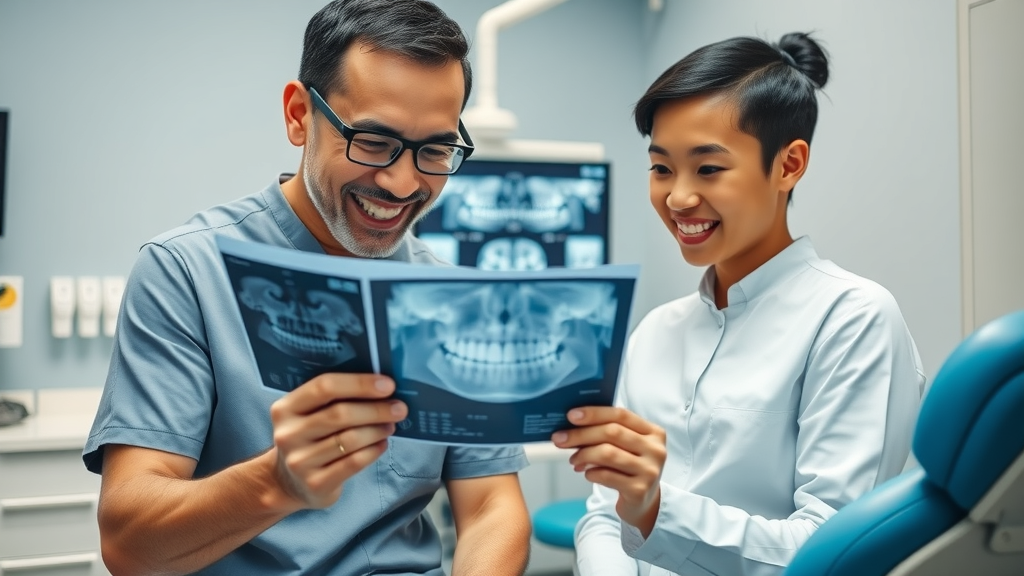 Friendly orthodontist in Myrtle Beach showing dental x-rays to patient, discussing hidden braces costs, photorealistic, in a digital clinic.