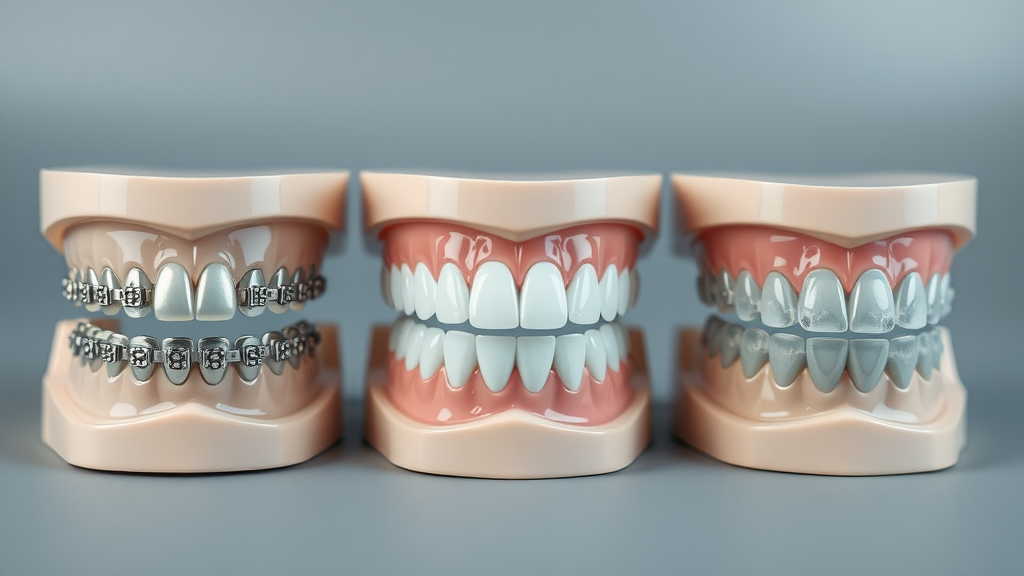Comparison of metal braces, ceramic braces, and clear aligner on dental models, showing differences for braces cost in Myrtle Beach, photorealistic.