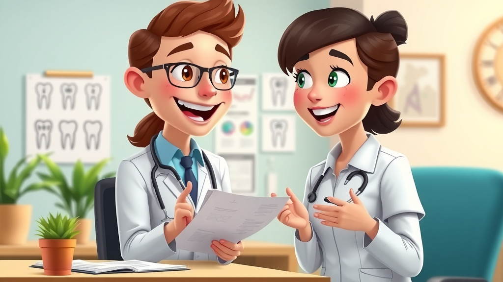 Cheerful insurance advisor explains dental insurance and hidden braces cost coverage to patient, friendly setting in Myrtle Beach orthodontic office, digital cartoon style.