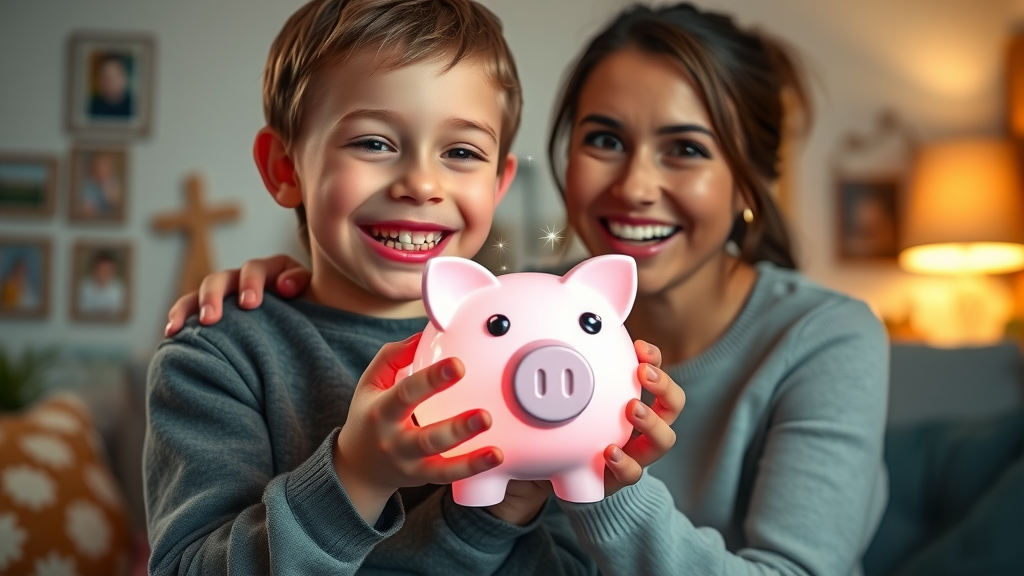 Happy child with braces holding magical piggy bank, parent support, saving money for hidden braces costs in Myrtle Beach, cozy living room, photorealistic.