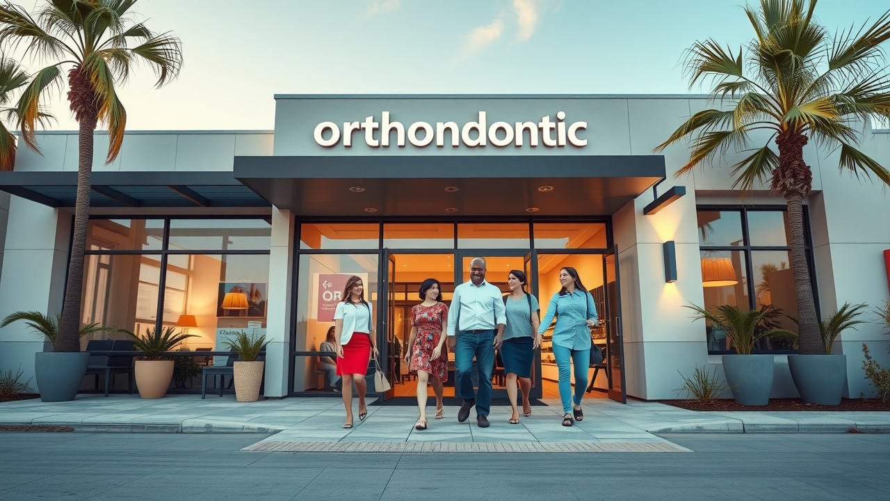 Welcome to North Myrtle Beach orthodontic office exterior, inviting ambiance and cheerful staff with family, modern coastal building, North Myrtle Beach orthodontist search