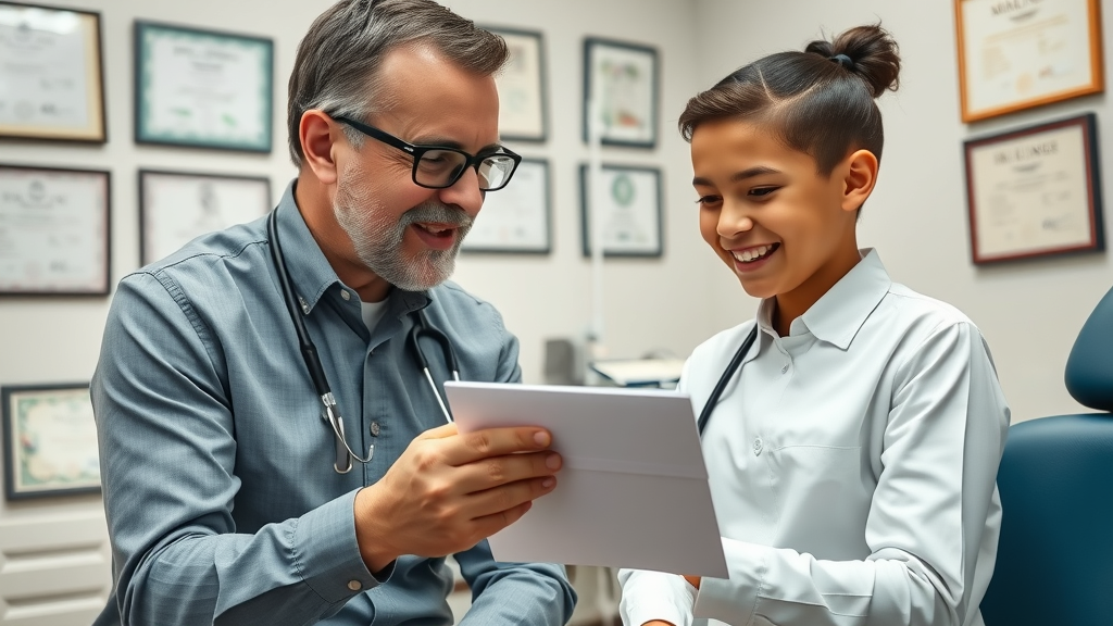 Experienced orthodontist consulting young patient, professional dental care in North Myrtle Beach orthodontist search, certificates in background