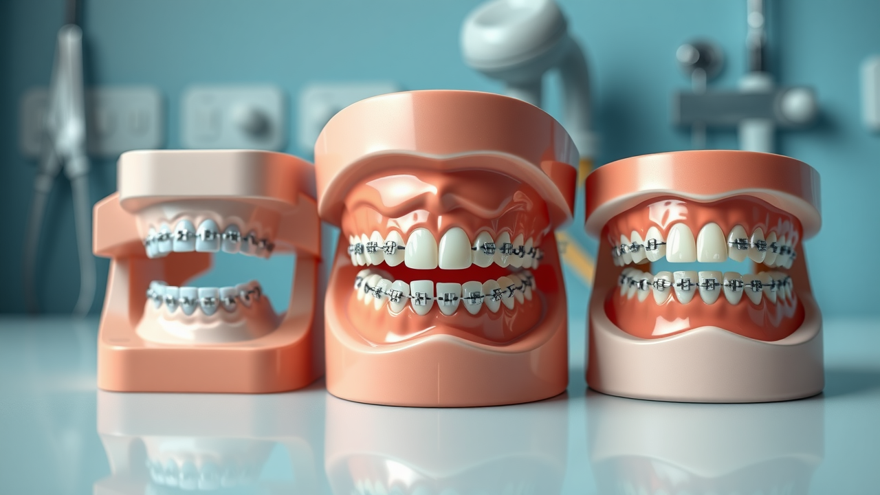 Dental models showcasing type of braces: metal, ceramic, lingual, clear aligners, cost of braces in South Carolina
