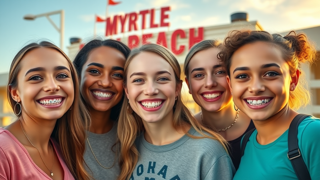 Happy orthodontic patients smiling after braces in Myrtle Beach, patient satisfaction