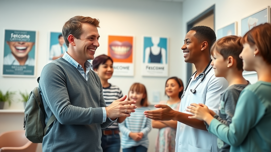 Welcoming orthodontic office with smiling orthodontist greeting diverse family, expressing professionalism and friendliness, modern waiting room, dental posters, interacting with patients, payment plans & financing for braces in Conway and beyond
