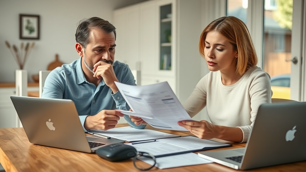 Concerned parents reviewing dental bills for braces, discussing finances at home, showing thoughtful expressions, payment plans & financing for braces in Conway and beyond