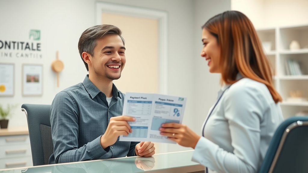 Smiling patient at orthodontic office desk, receiving payment plan information from receptionist, showing relief, happiness, and options for payment plans & financing for braces in Conway and beyond