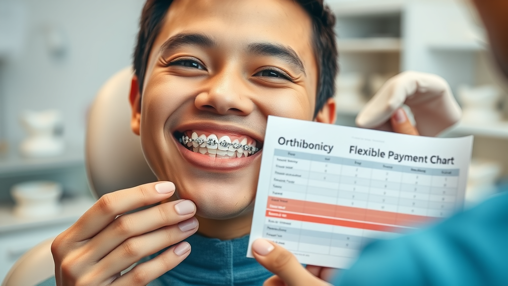 Closeup of metal braces on smiling patient, dental professional showing flexible payment chart, reassurance, payment plans & financing for braces in Conway and beyond