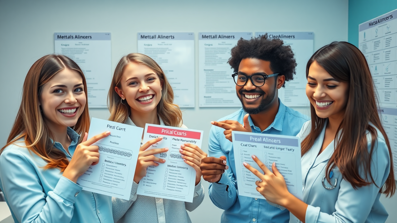 Side-by-side comparison of metal braces and clear aligners, diverse patients pointing to price charts, decision-making, payment plans & financing for braces in Conway and beyond
