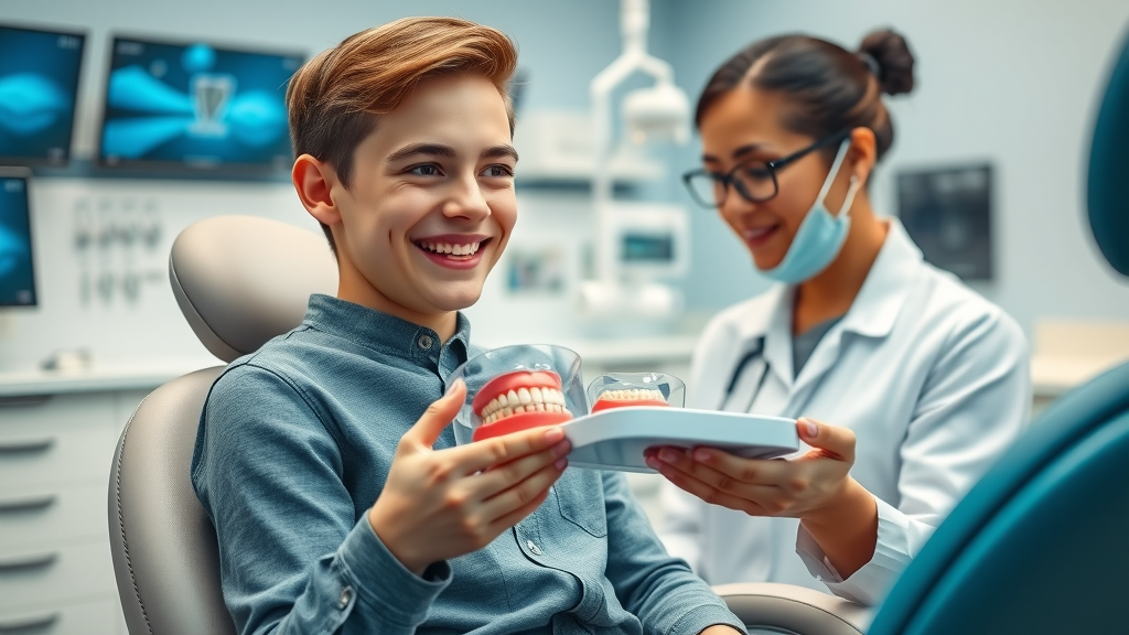 Vibrant orthodontic clinic interior with patient and orthodontist discussing Invisalign process in Conway, SC