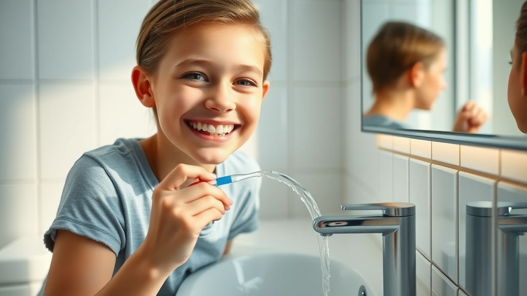Teen practicing oral hygiene while cleaning Invisalign aligners at home in Conway, SC