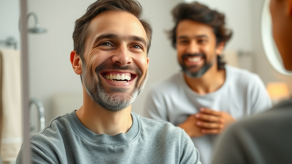 Joyful patient admiring final Invisalign results in Conway, SC