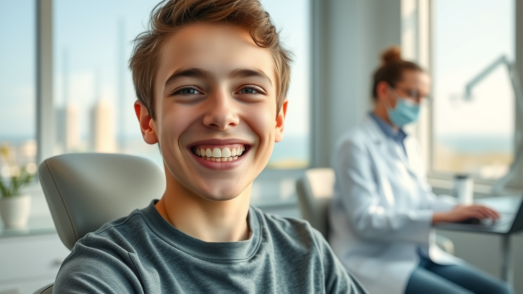 Smiling teenager with braces in a Myrtle Beach orthodontics office, with city skyline visible through windows, braces timeline in Myrtle Beach