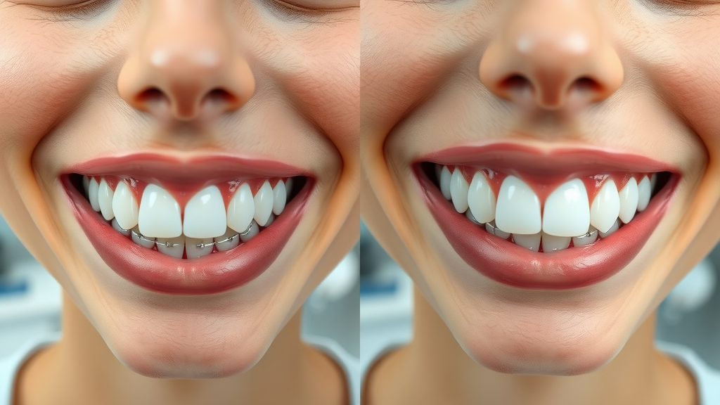 Comparison close up of ceramic braces and metal braces on teeth, clinical orthodontic office in Myrtle Beach