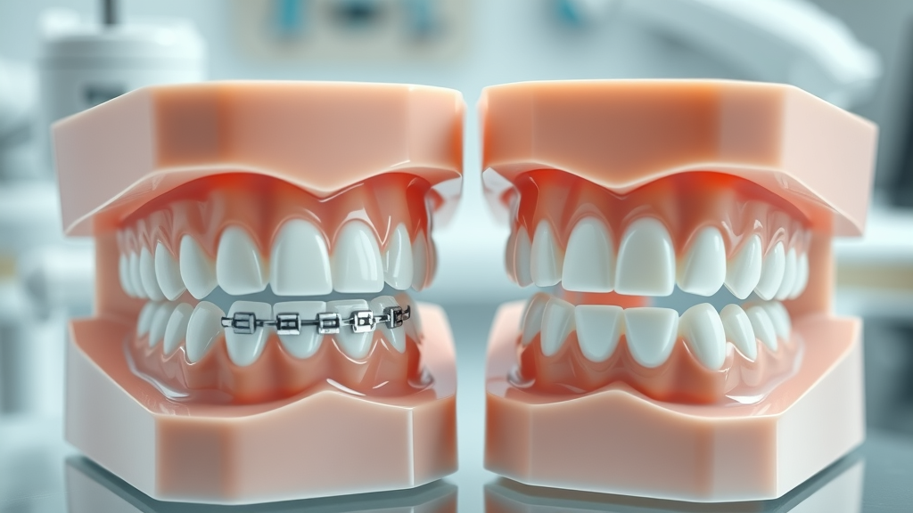 side-by-side comparison of clear aligners and metal braces on dental models
