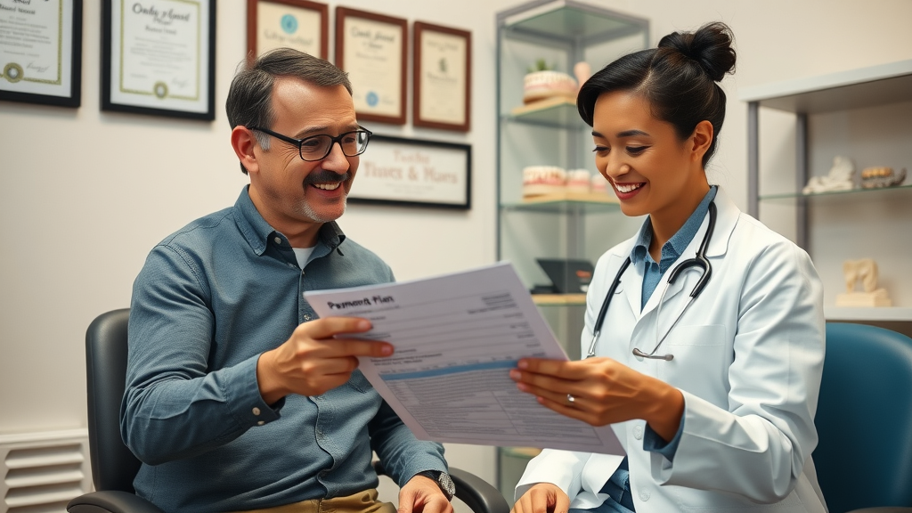orthodontist and adult patient reviewing payment plan document in Conway dental office