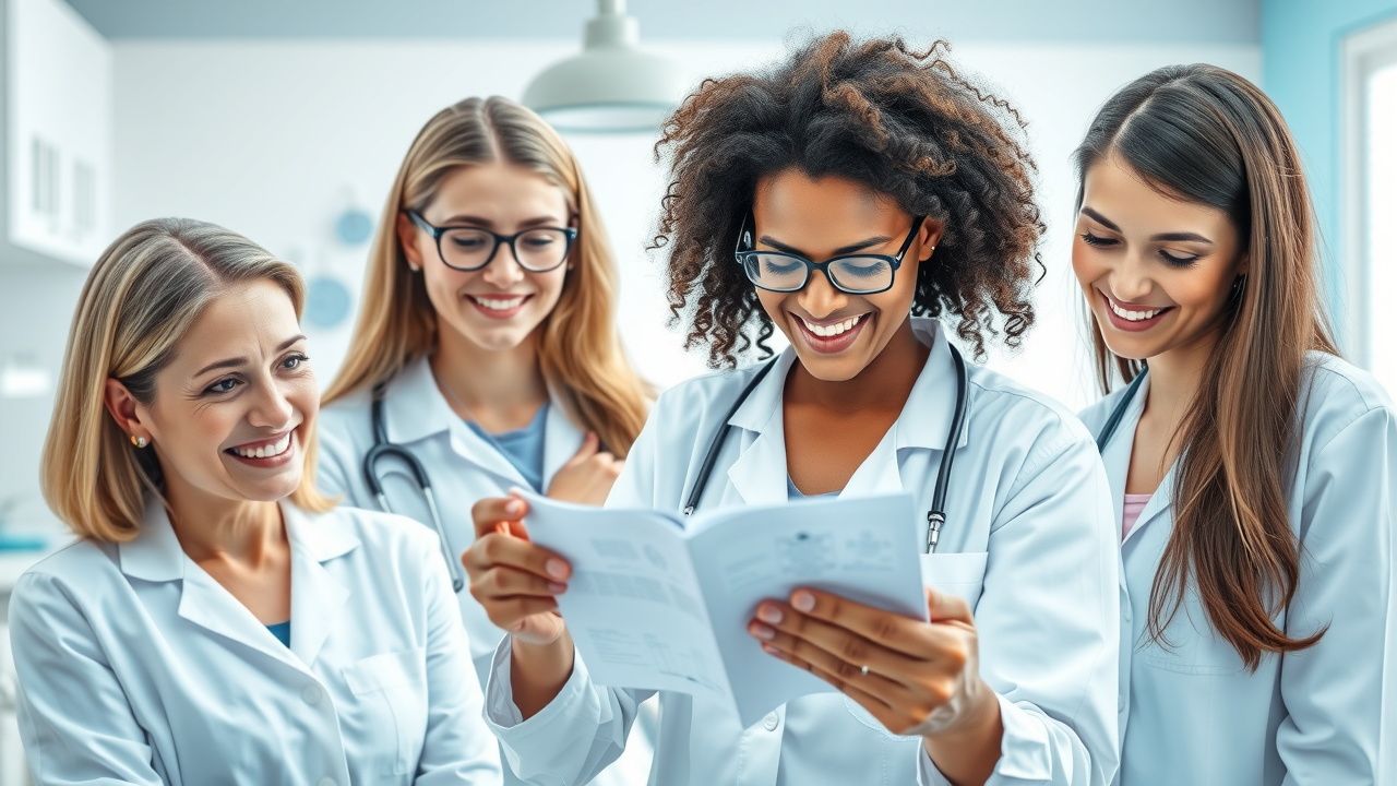 Concerned patients and smiling orthodontists discuss dental records and treatment options in a bright Myrtle Beach orthodontic office