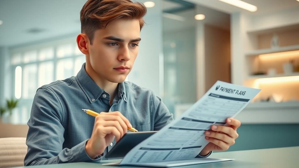 Patient reviewing dental payment plan options and calculating expenses with brochures at a Myrtle Beach orthodontic clinic desk
