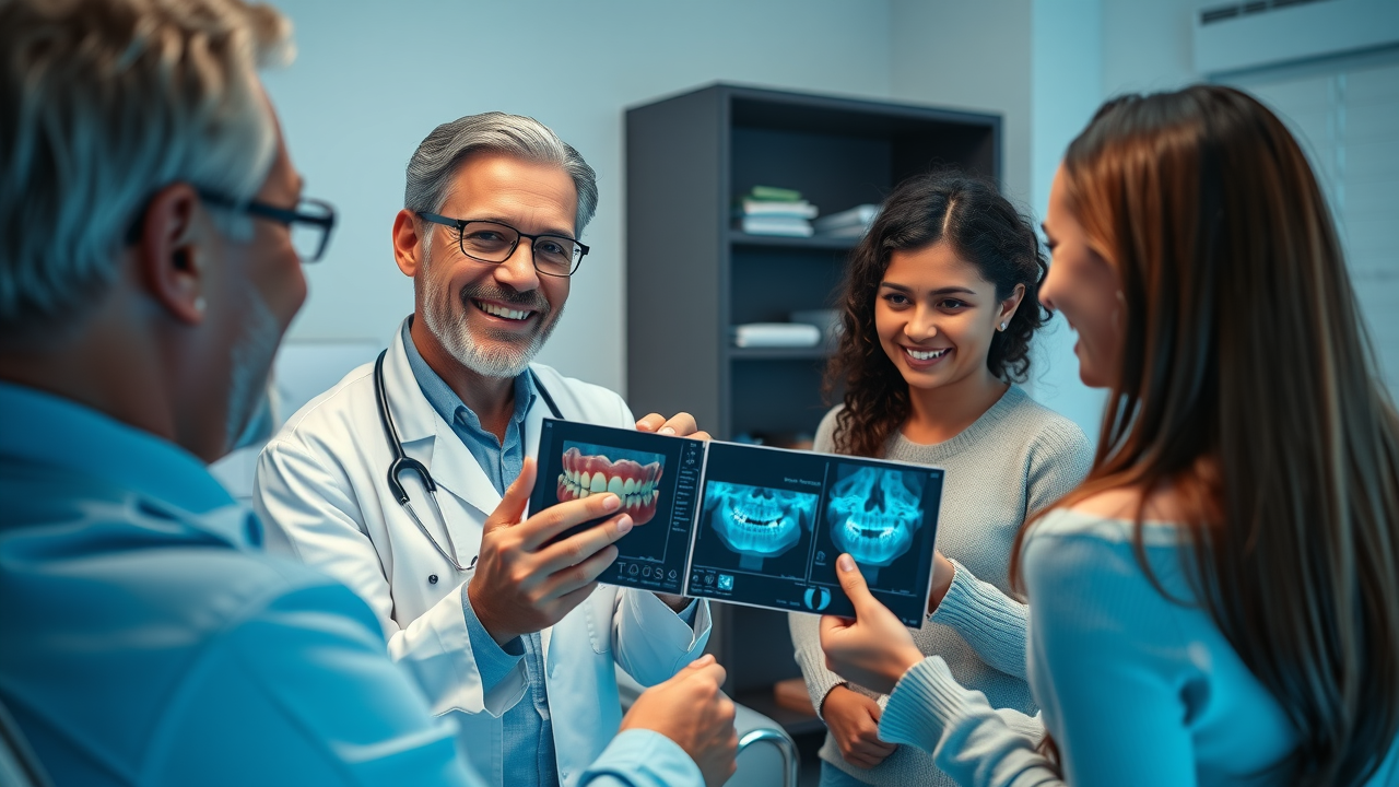 Caring orthodontist in Myrtle Beach presenting clear aligner options and x-ray results to a family in a consultation room