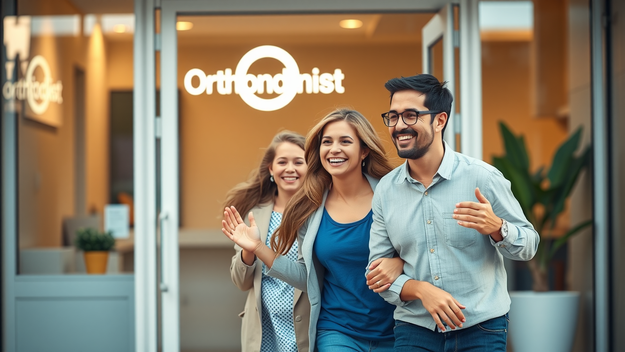 Happy family leaving Myrtle Beach orthodontist office after a successful consultation, smiling and satisfied