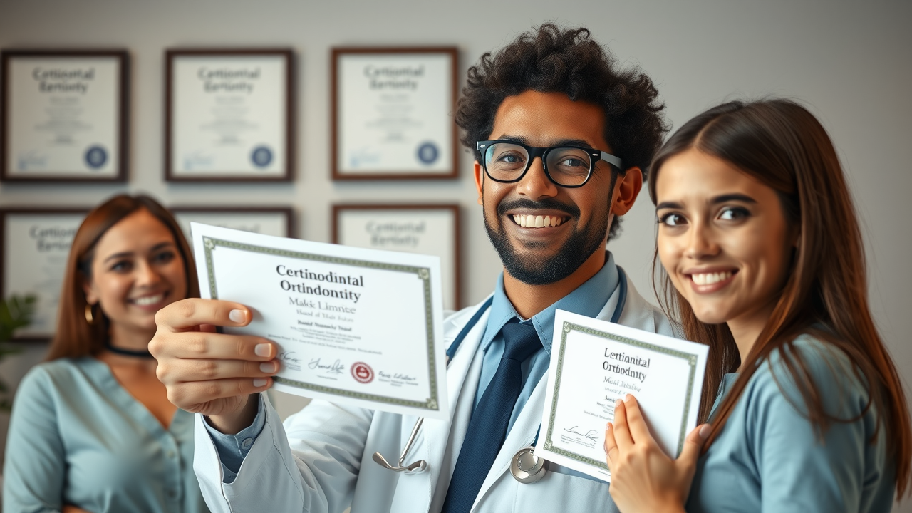 grand strand orthodontist search: your step-by-step local checklist - Confident orthodontist showing credentials and diplomas to a family in a modern office with framed certificates