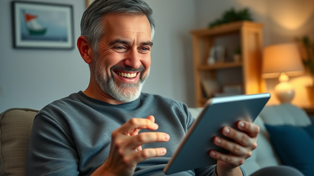 grand strand orthodontist search: your step-by-step local checklist - Smiling patient reading online reviews in a cozy Myrtle Beach home environment with glowing tablet
