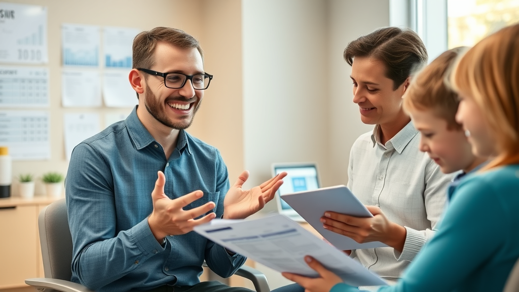 grand strand orthodontist search: your step-by-step local checklist - Smiling financial advisor discussing orthodontic payment options with family, cost charts and paperwork visible in clinic office