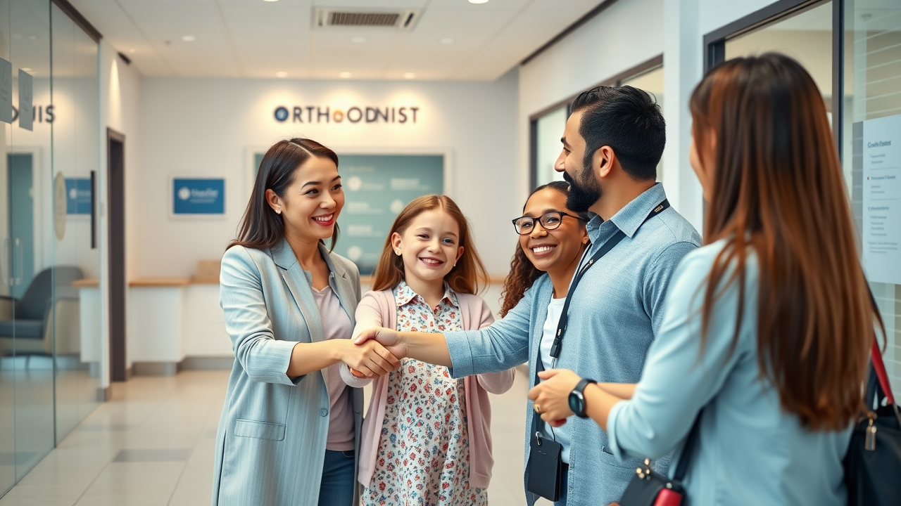 grand strand orthodontist search: your step-by-step local checklist - Family arriving at an orthodontist clinic and greeted warmly by staff with hopeful expressions in a cheerful modern office
