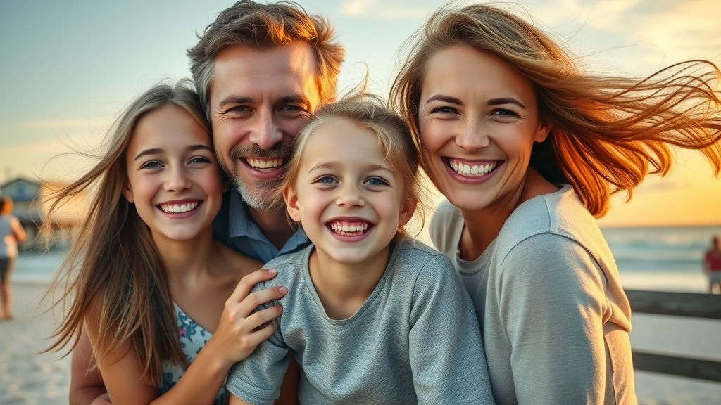 grand strand orthodontist search: your step-by-step local checklist - Happy family celebrating successful orthodontic care at Myrtle Beach pier at sunset, candid joy