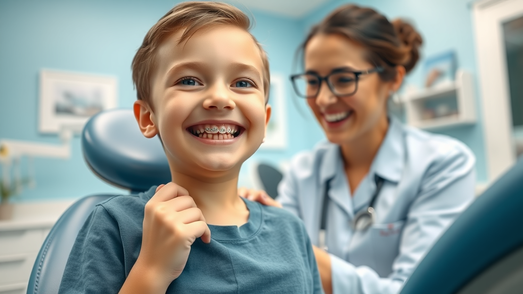 Smiling child with new braces receiving orthodontic care guidance in modern Pawleys Island dental office