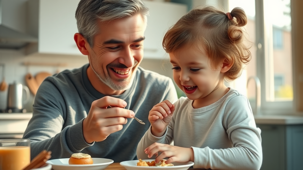 Attentive parent supervising child with braces eating soft foods at home in Pawleys Island