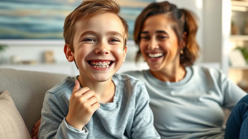 Happy child with braces smiling with parent in Pawleys Island home