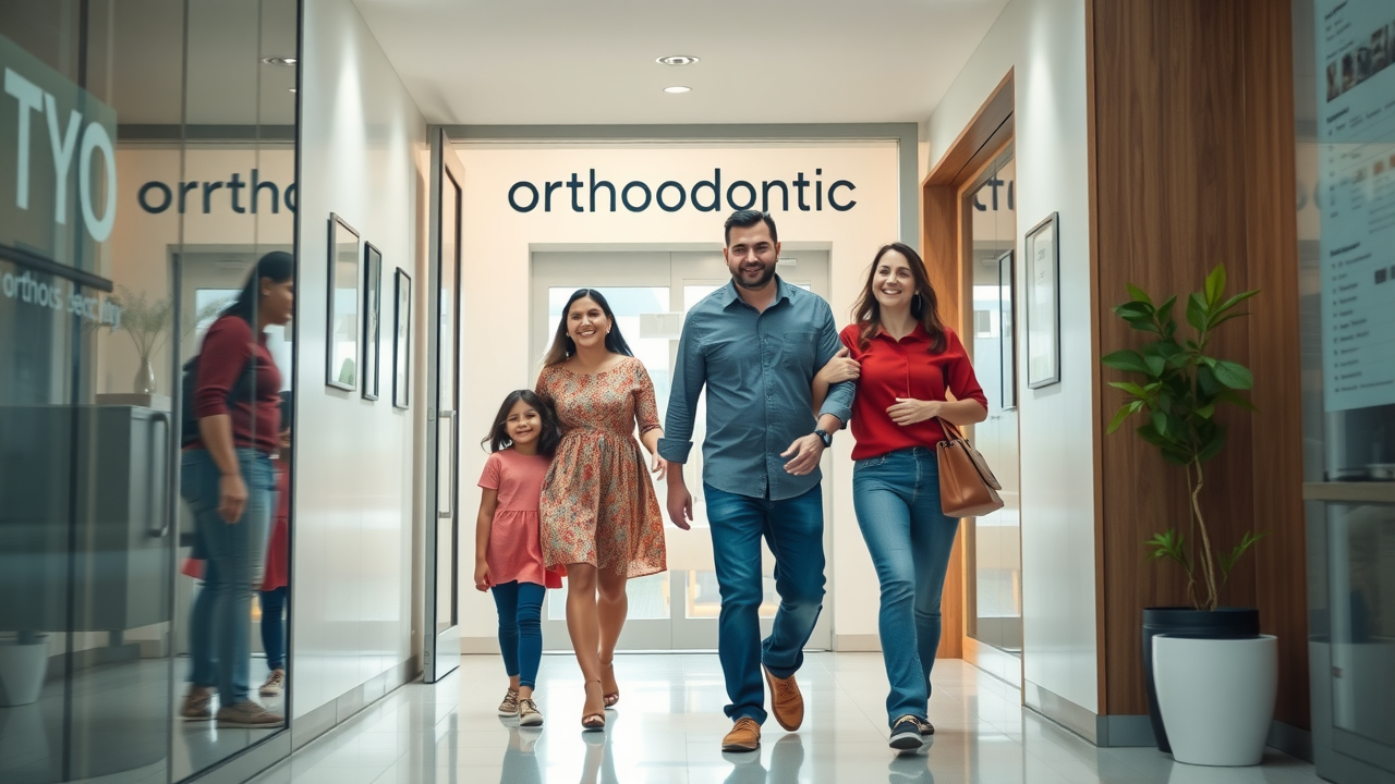 Welcoming orthodontic clinic entrance in Murrells Inlet, warm and inviting atmosphere, smiling family entering, modern clean interior, natural light, crisp natural colors