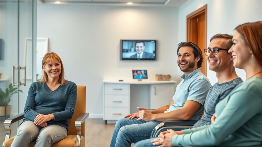 Modern orthodontic waiting room at Murrells Inlet Smile Center, calm and comfortable environment, patients waiting happy and relaxed