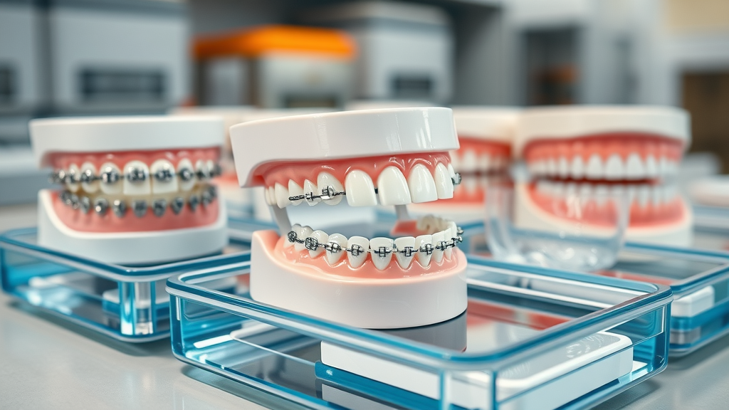 Orthodontic treatment options at Murrells Inlet: metal braces, ceramic braces, clear Invisalign aligners displayed on dental models