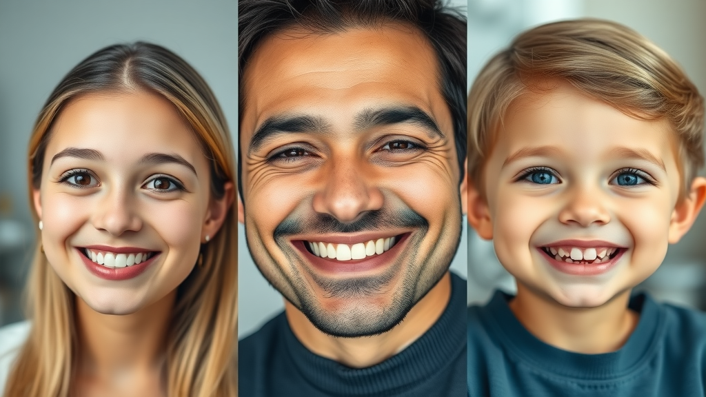 Before and after smile transformation montage, Murrells Inlet Orthodontics, teen, adult, child, genuine happy expressions
