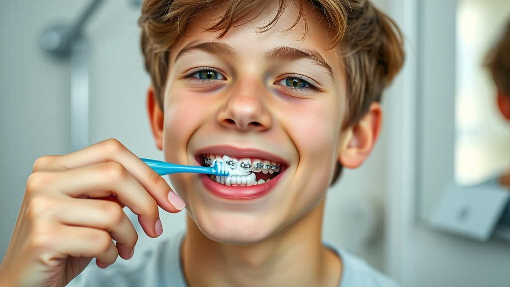 Teen demonstrating brushing with braces, proper oral hygiene at Murrells Inlet Orthodontics