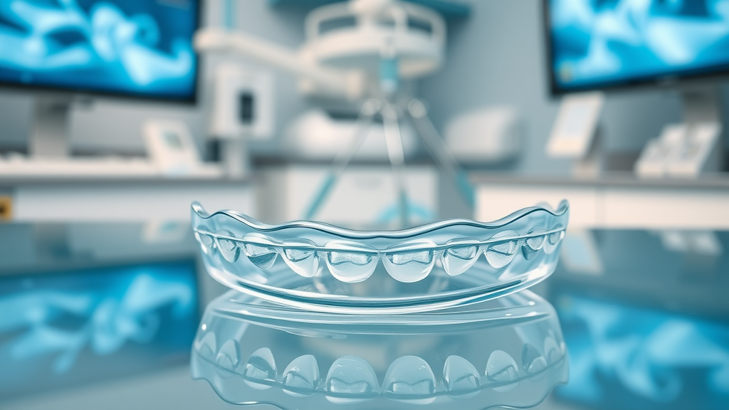 sleek clear Invisalign aligners on reflective surface, dentist office in Conway, SC, digital dental tools, macro lens, photorealistic, cool lighting